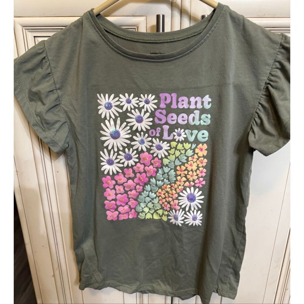 Jumping Beans Girls Beaded Flower Plants Seeds of Love Softest Tee Green Sz 8